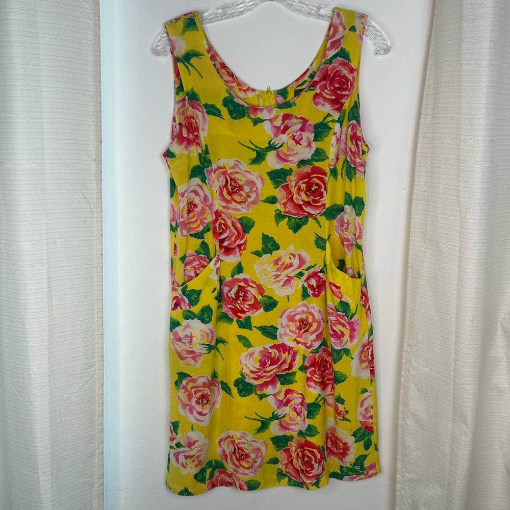 Jams World Vintage Yellow Floral Roses Rayon USA Sleeveless Mini Dress Size 7